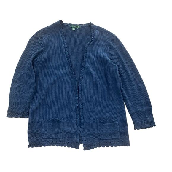 Lauren Ralph Lauren 100% Linen Cardigan Womens Size Large Navy Blue Open - Picture 1 of 5